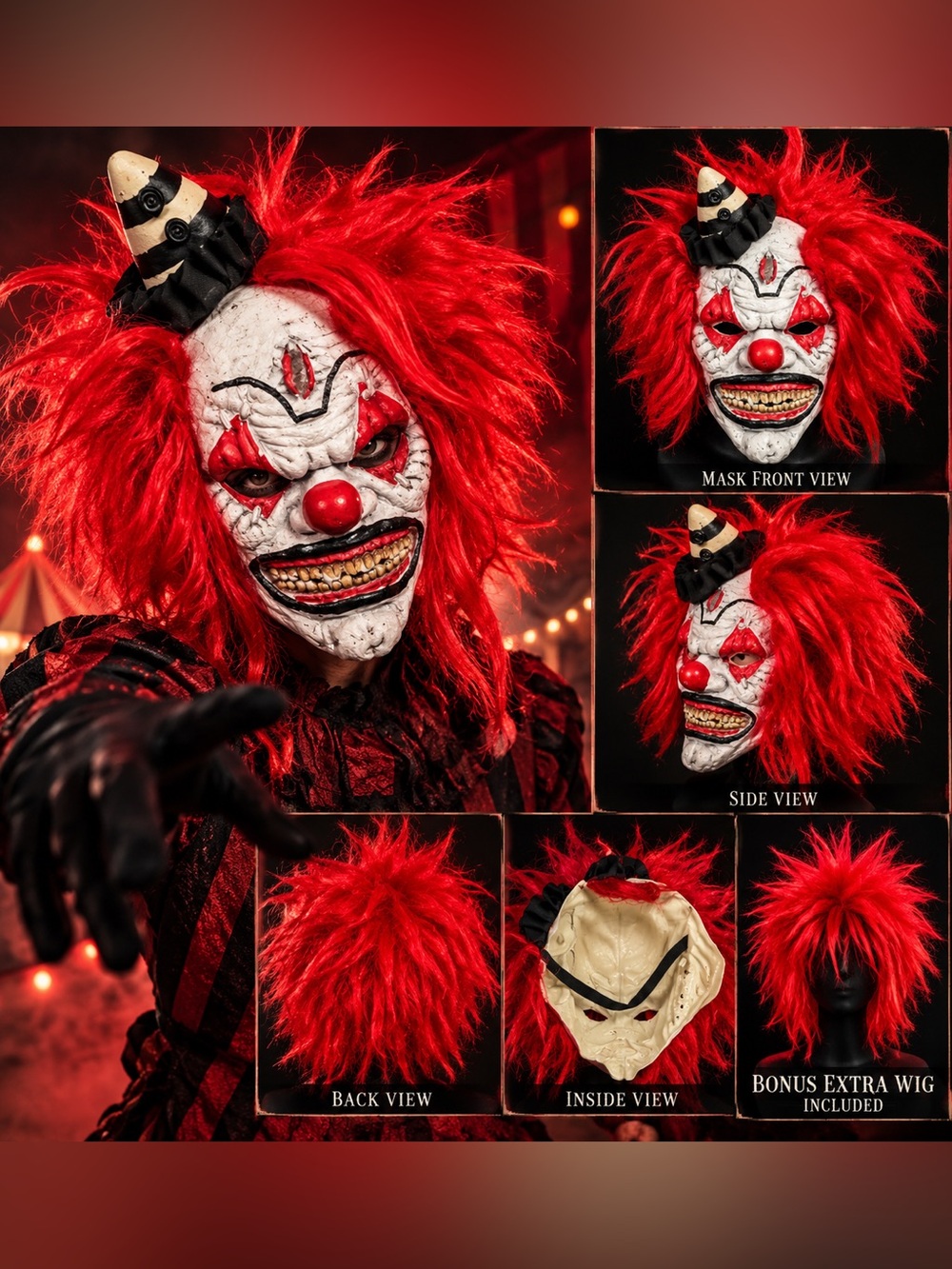 Creepy Horror Clown Mask w/ Red Hair + Bonus Extra Red Wig Halloween Costume